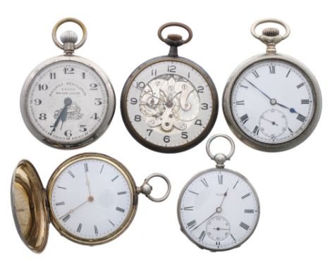 Zanco 'Railway Regulator' chrome cased pocket watch, the case engraved with a locomotive, 49mm; together with a gunmetal leve