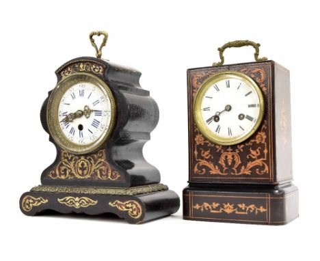 French two train mantel clock striking on a bell, the 3.25" white dial within a foliate marquetry inlaid stepped case, surmou