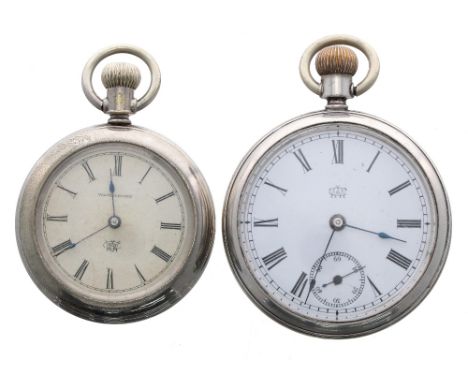 Waterbury Series L small duplex nickel cased pocket watch, 42mm; together with a Waterbury nickel cased engine turned duplex 