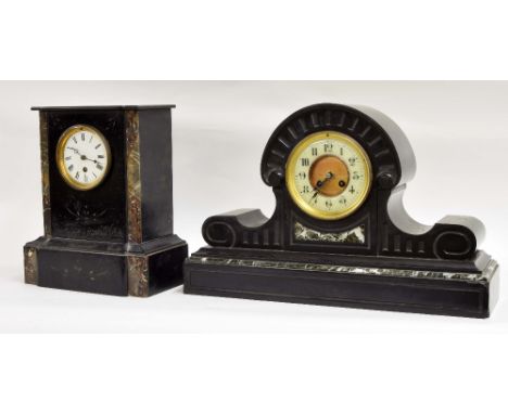 Black slate and green marble two train mantel clock, the 4.5" cream chapter ring enclosing a recessed gilt centre, within a f