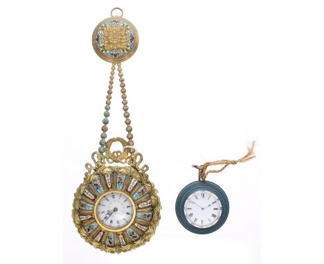 Small Continental gilt metal and champleve style pendulum clock with pocket watch movement, 13" high; also another small time