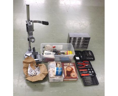 Box containing a selection of various tools, also a small quantity of watch spares, clock glasses and Clocks &amp; Watches in
