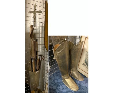 BRASS STICK HOLDER &amp; STICKS &amp; PAIR OF BRASS BOOTS TO INCLUDE SWORD STICK