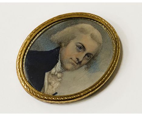 ATTRIBUTED TO RICHARD COSWAY MINIATURE PORTRAIT OF GENTLEMAN IN BLUE COAT 4.5CM X 3.5CM
