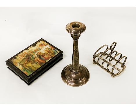 ASPREY SILVER PLATED TOAST RACK WITH HM SILVER CANDLESTICK &amp; A RUSSIAN BOX
