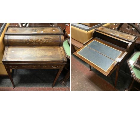 VICTORIAN FRENCH INLAID CYLINDRICAL WRITING DESK - A/F -  SHELF WITH DRAWER MISSING 