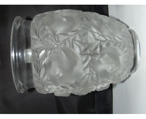 A Lalique France "Bagatelle of Love Birds" frosted and clear glass vase. Signed to the base Lalique France. With the original