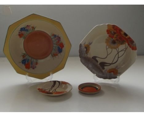 Clarice Cliff, Octagonal Wilkinson Crocus pattern bowl (some paint loss), 23cm, Rhodanthe pattern ashtray, 11cm, Rhodanthe pa