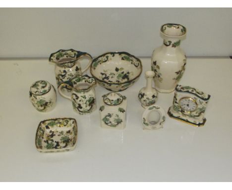 Collection of Mason's Ironstone in the Chartreuse pattern, to include mantel clock, water jugs, fruit bowl etc, 10 items in t