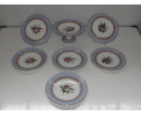 Royal Worcester dated 1879 6 plates and a comport. Hand painted with a purple stamp on the bottom.