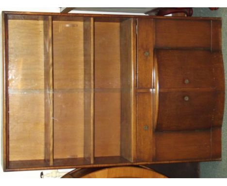 Art deco oak bookcase, sliding glass doors, two short drawers over a bow fronted cabinet, height 136cm, width 92cm, depth 30c