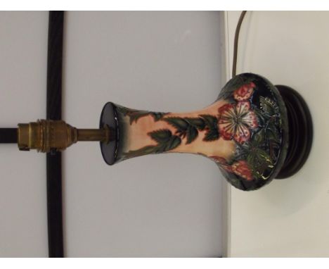 Moorcroft Sweet Briar pink pattern lamp on a wooden base, with shade. 32cm high without shade