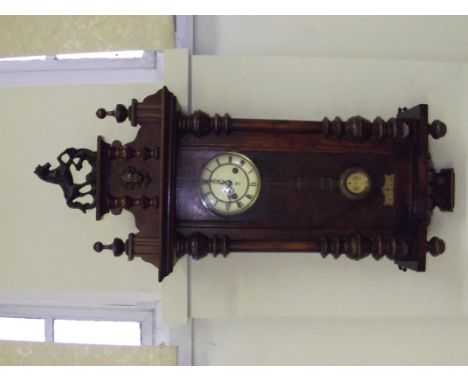 Late 19th century Gustav Becker walnut cased spring Vienna wall clock, white enamel dial with Roman numerals, horse finial, h