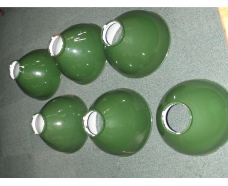 Set of six large industrial pendant light shades, enamel green paint work with white interior (no galleries), height 30cm, di