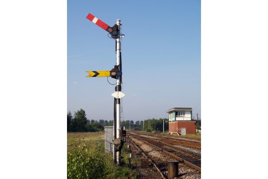 British rail (BR) railway semaphore signals, yellow distance signal arm ...