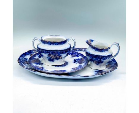 White porcelain serving set in a cobalt blue floral design with gold accents. Serving platter 14.25"L x 10.25"W x 1.25"H, pla