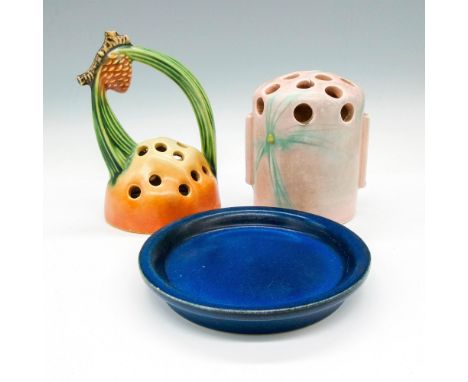 Includes light glazed finish on pinecone flower frog over orange, green and brown, blue planter tray and Teasel styled frog i