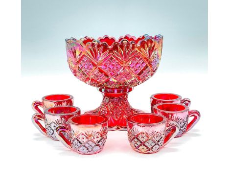 Traditional carnival glass iridescent style mini punchbowl with six tiny cups. This beautiful ruby red set radiates color and