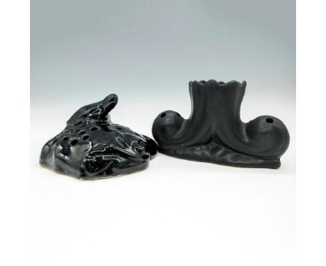 Includes black matte finish double flower frog and glossy black flower turtle form. Van Briggle impressed mark. Largest piece