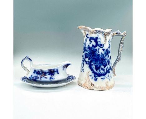 Earthenware serving set in cobalt blue floral, leaf and scroll design with gold accents. B&amp;L pitcher 7"L x 5.5"W x 8.5"H.