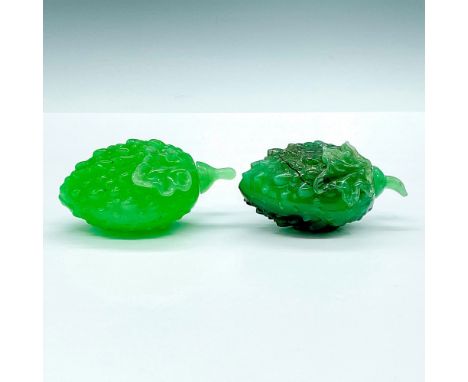 Two fantastic jade colored glass snuff bottles in the shape of durian fruits. The stem shaped top gently twists off revealing