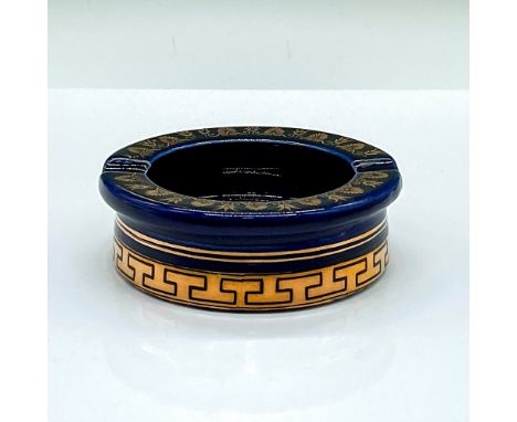 Hand made ceramic ashtray in a cobalt blue glaze and adorned in gold Grecian pattern. Neofitou Keramik stamped on the base. D