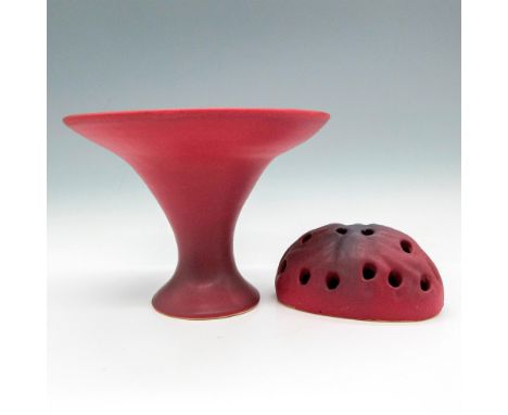 Hand crafted pieces with matte finish includes pedestal dish that has impressed floral design and flower frog. Van Briggle im