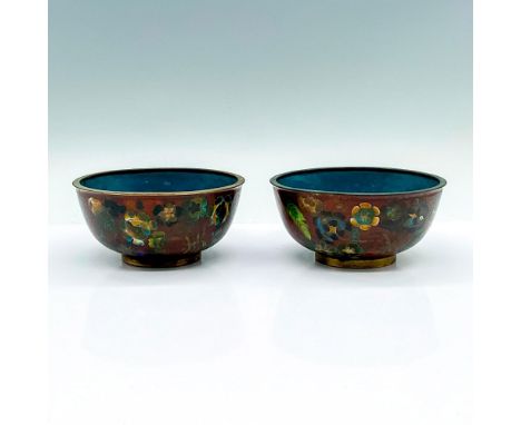 A set 2 brass and enamel rice bowls adorned with flowers. China marked in red on the bases. Dimensions: 2"H x 4.5"dia.Country