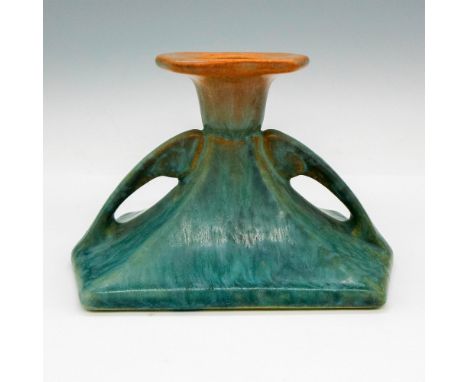 Light glaze over stoneware pottery colored in crystalline blue and tan. Roseville Pottery sticker. Dimensions: 5"L x 3"W x 3"