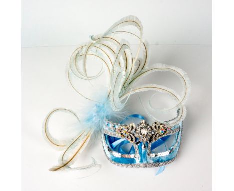 Stunning wearable hand crafted paper mache mask in light blue velvet with feathers, sequins and a sparkling rhinestone piece 