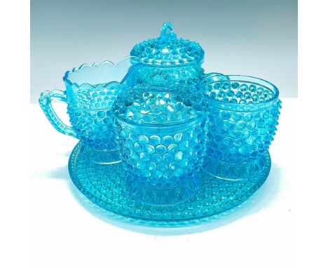 Charming water set of glasses for children, including tray, small creamer or pitcher, mug with handles, and two jars or cups.