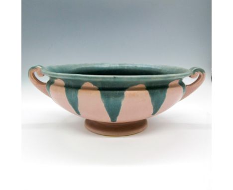 Double handled bowl has light glaze over salmon and green coloration. Rv Roseville mark. Dimensions: 13"L x 8.25"W x 4.25"HMa