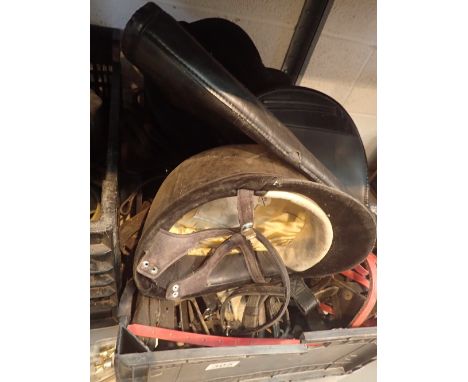 Box of horse tack including helmet