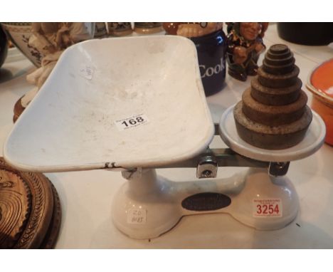 Set of cast iron kitchen scales with enamel dish and weight, Whites FJ and Co London