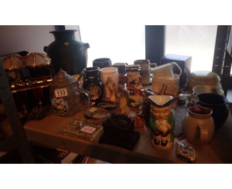 Shelf of mixed items including vases, nativity set, mini bar, jugs etc 