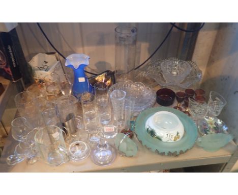 Shelf of assorted glassware including vases