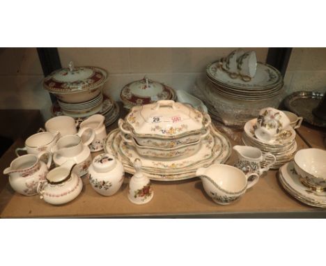 Shelf of plates, tureens, dishes including Wedgwood, Royal Imperial, Johnson Brothers Pareek etc