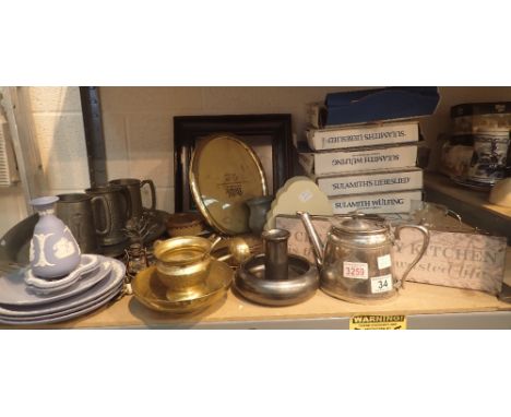 Shelf of mixed items including pewter, brass, Wedgwood, collectors plates etc