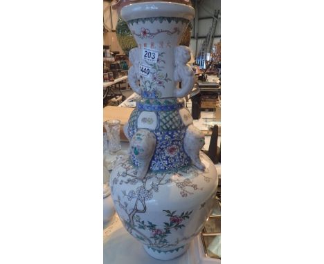 Chinese large vase, H: 61 cm, tall hand decorated with a blossoming peach tree, enamel and geometric patterning with Chinese 