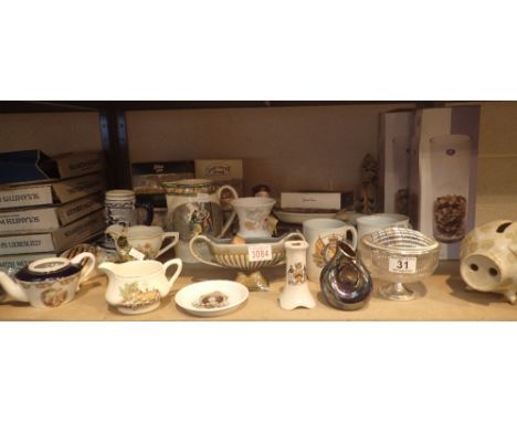 Shelf of mixed ceramics and glass including Adams jug, Lilliput Lane etc