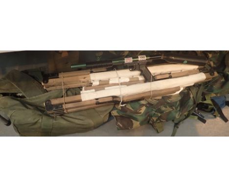 Selection of army backpacks, clothing, bed plus component concepts including gap gun A/F