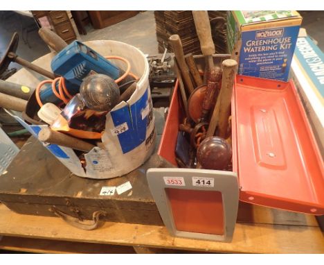 Wooden carpenters tool box and selection of tools 