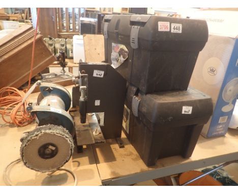 Wolf  bench grinder with polisher two plastic tool boxes and other tools