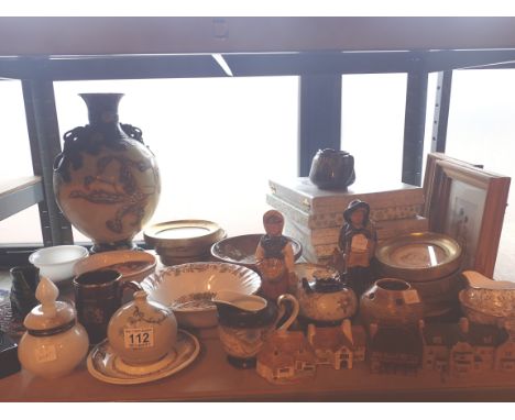 Shelf of mixed items including ceramics, cottages, figurines, Royal Doulton Christmas and Valentines plates