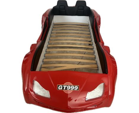 GT999 red childrens car model bed, light up feature with mattress, approximate overall measurements: 99 x 53 inches, height 2