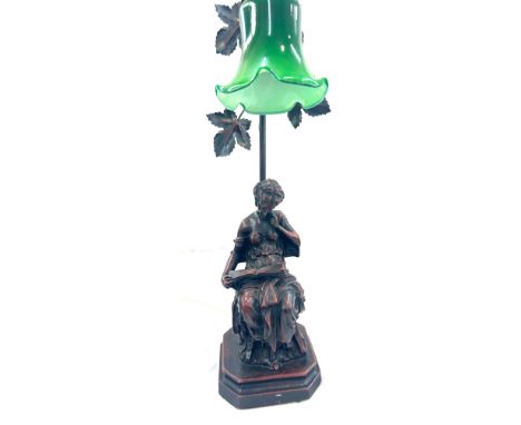 Vintage resin lady figure lamp with green glass shade 