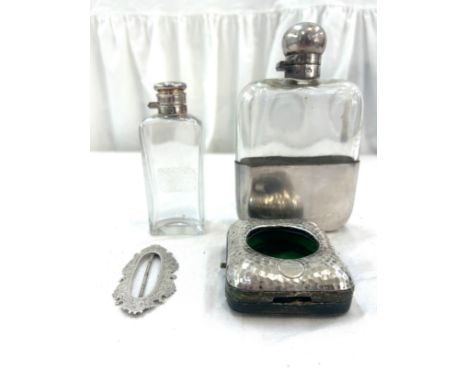 Selection of assorted silver items includes desk clock case, silver topped hip flask etc 