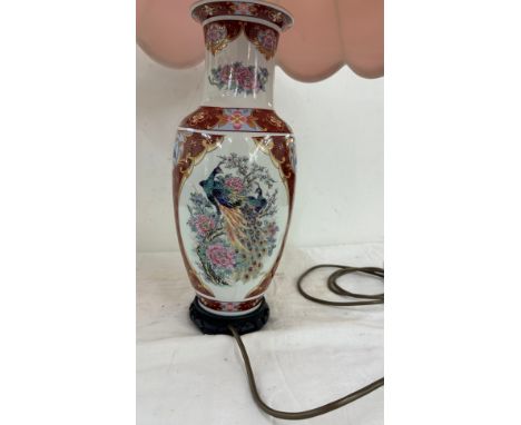 Oriental lamp with shade, untested height approximately 35 inches 