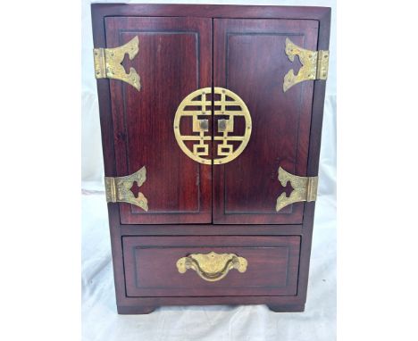 Vintage oriental wooden jewellery box, with 5 drawers, approxiamte measurements: Height 12 inches, Width 8 inches, depth 6 in