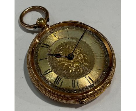 A late 19th century continental lady's 18k gold open face pocket watch, engine turned dial with Roman numerals, chased and en